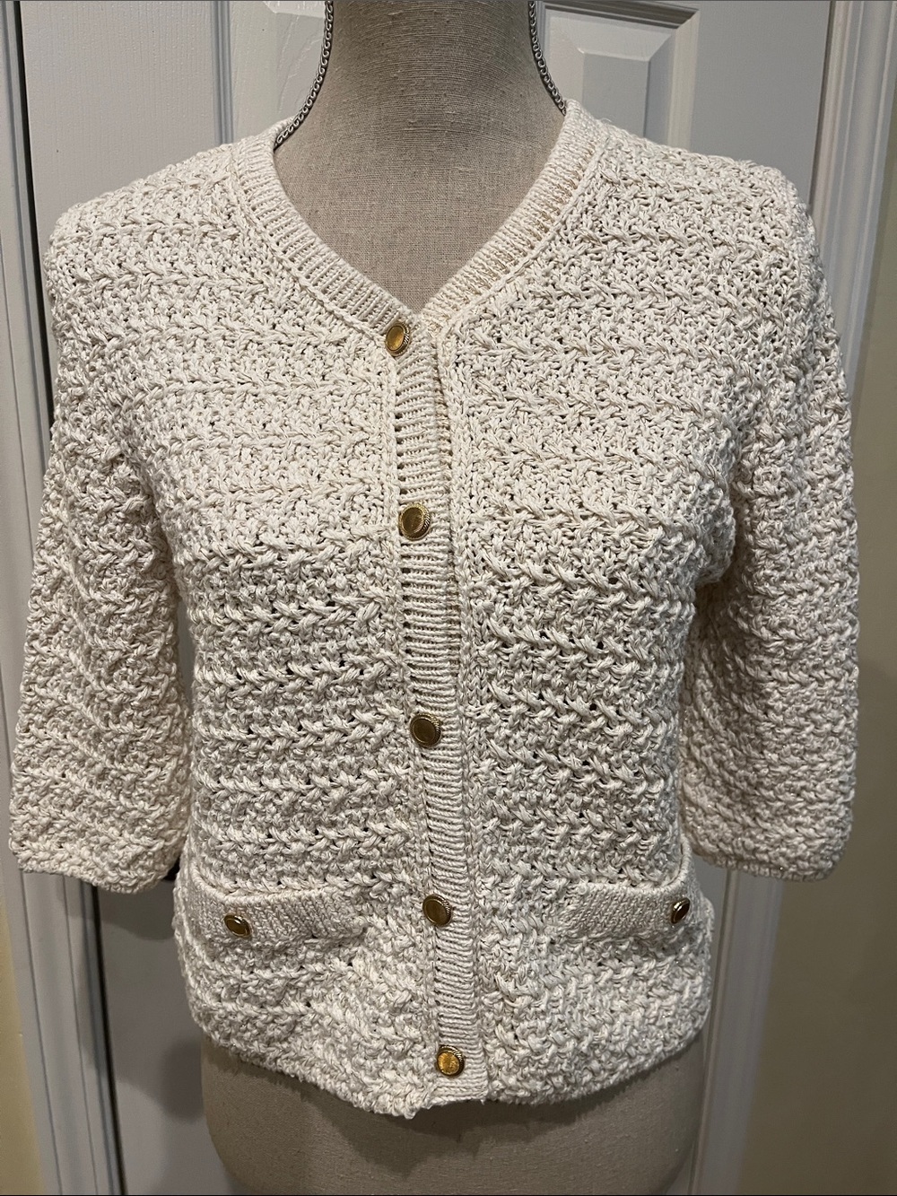 Zara Cream Textured Button-Front Sweater with Gold Threads